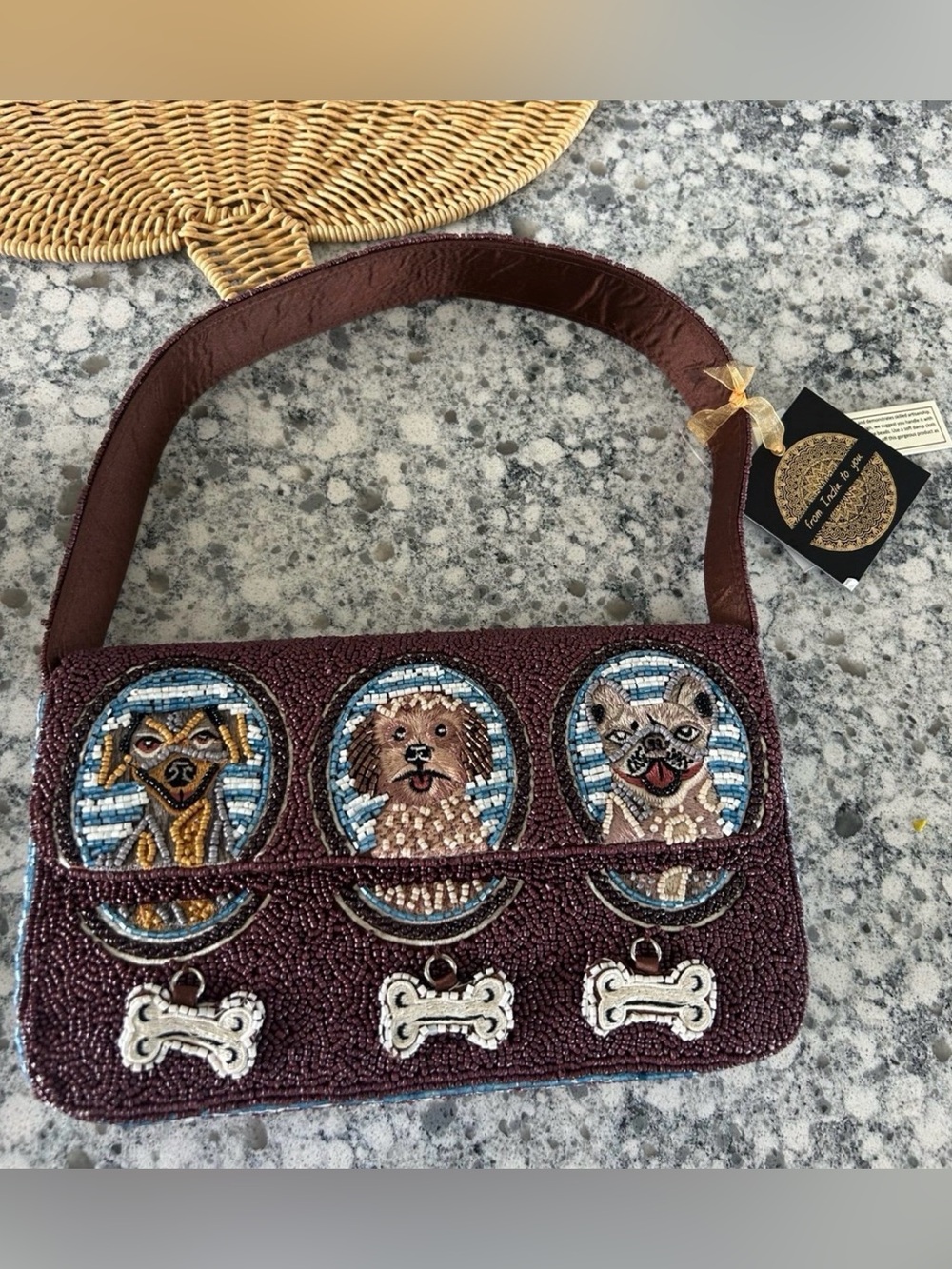 Beaded bag with dogs and bone charms